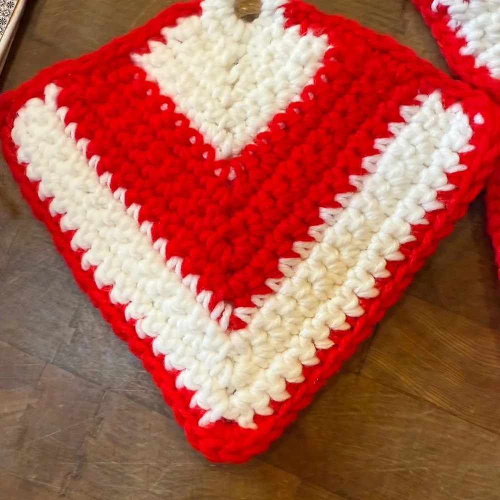 Handmade Red & White Crochet Pot Holders - Set of 3